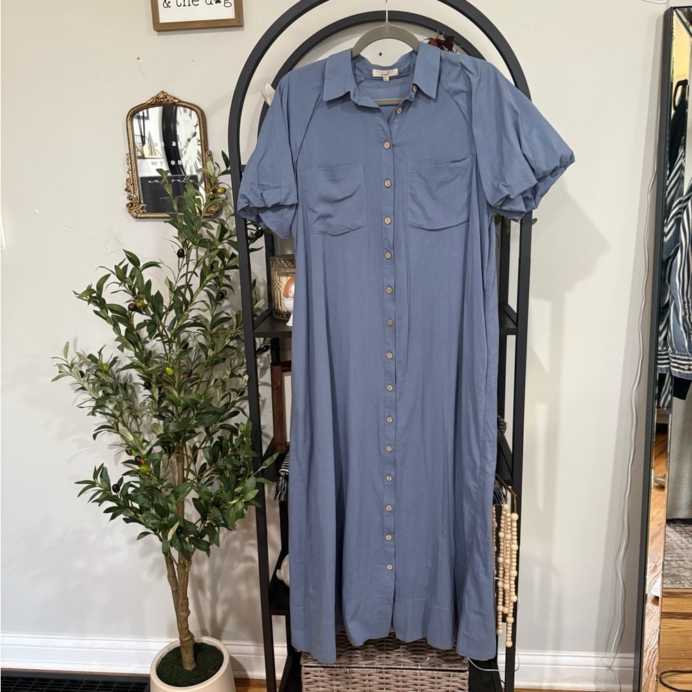 Easel Gray Puff Sleeve Polo Collar Maxi Dress size small - Picture 2 of 9